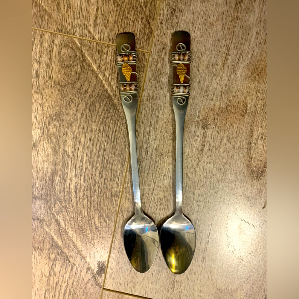 Ice cream spoons beaded with ice cream charm. Vintage style Soda shop set of 2